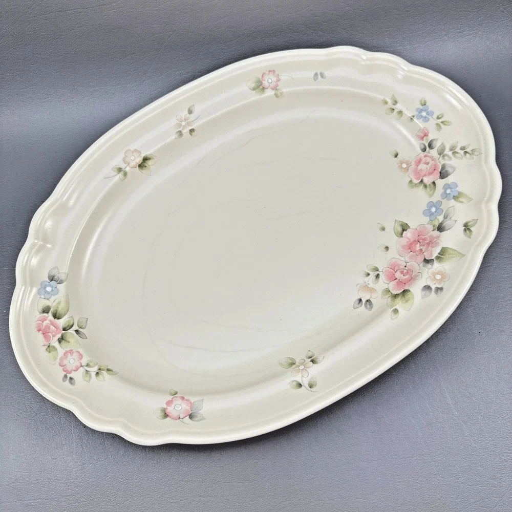 Pfaltzgraff Tea Rose Platter Pink Floral Stoneware Serving Cottagecore USA Vtg